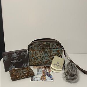 Anuschka Swirl Design Handbag Set in Brown and Turquoise